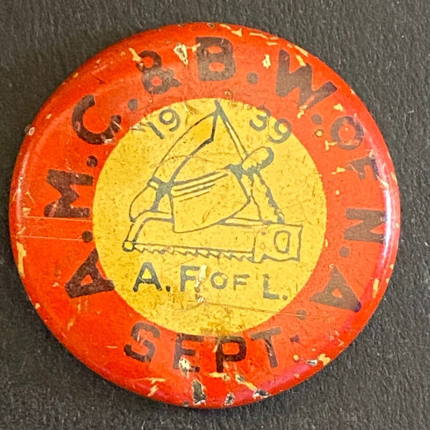 1939 A.M.C. & B. W. of N. A. Butchers Union Steel Litho Pinback 7/8"