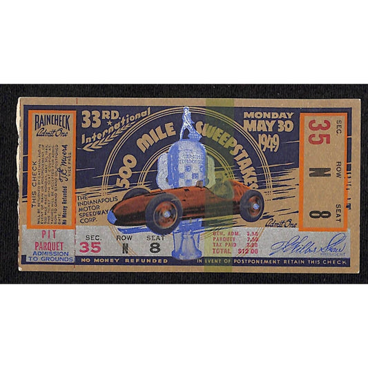 1949 Indy 500 Ticket / IMS 500 Mile Sweepstakes Ticket Stub Seat 8 VGC