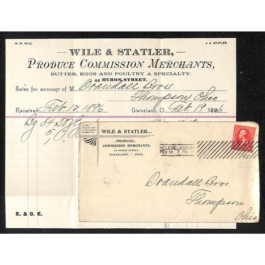 Wile & Statler Produce Merchants Cleveland 1896 Billhead & Cover VGC Scarce