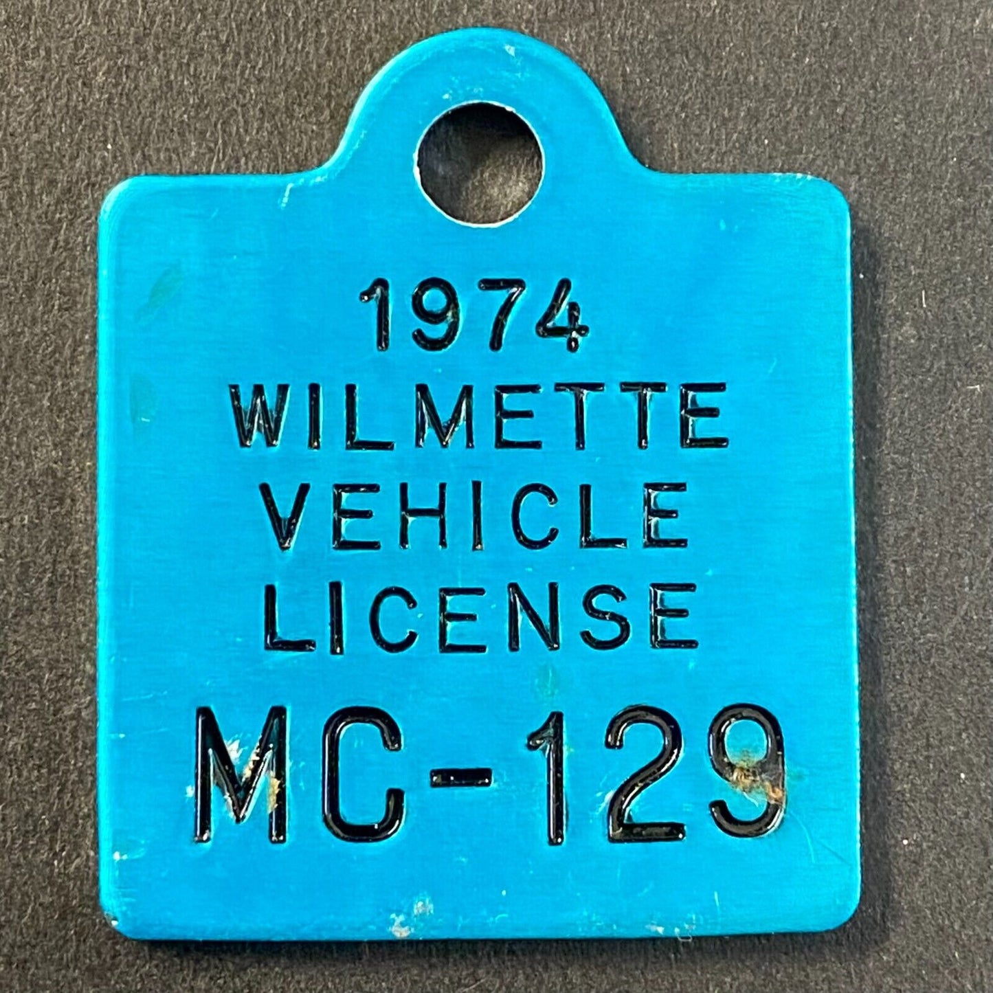 1974 Wilmette Vehicle License Tag MC-129 Motorcycle Aluminum