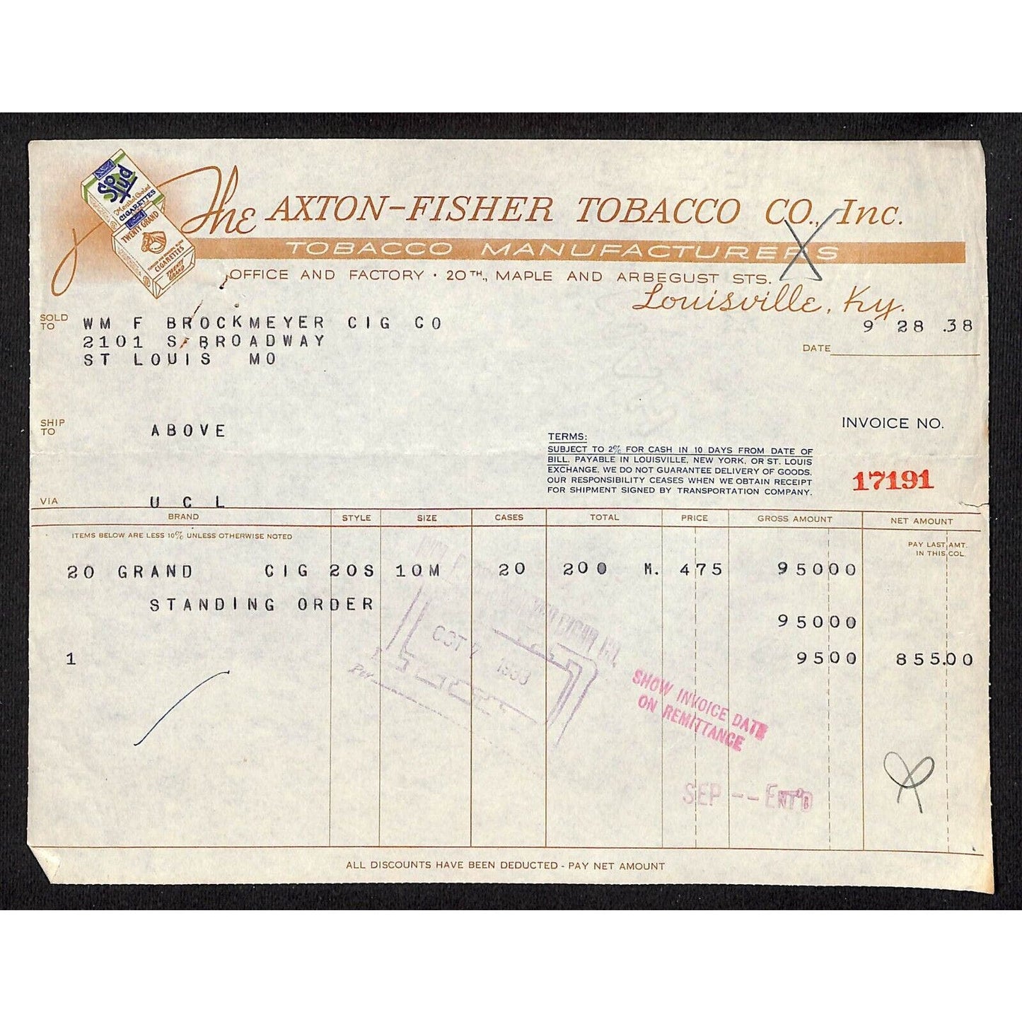 Louisville, KY The Axton-Fisher Tobacco Co. Spud Twenty Grand 9/28 1938 Billhead