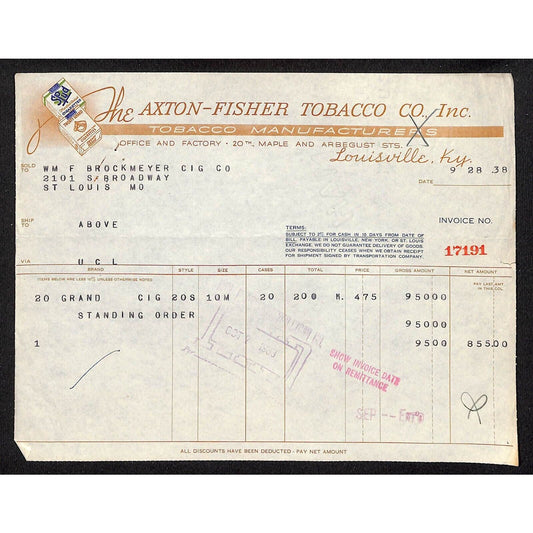 Louisville, KY The Axton-Fisher Tobacco Co. Spud Twenty Grand 9/28 1938 Billhead