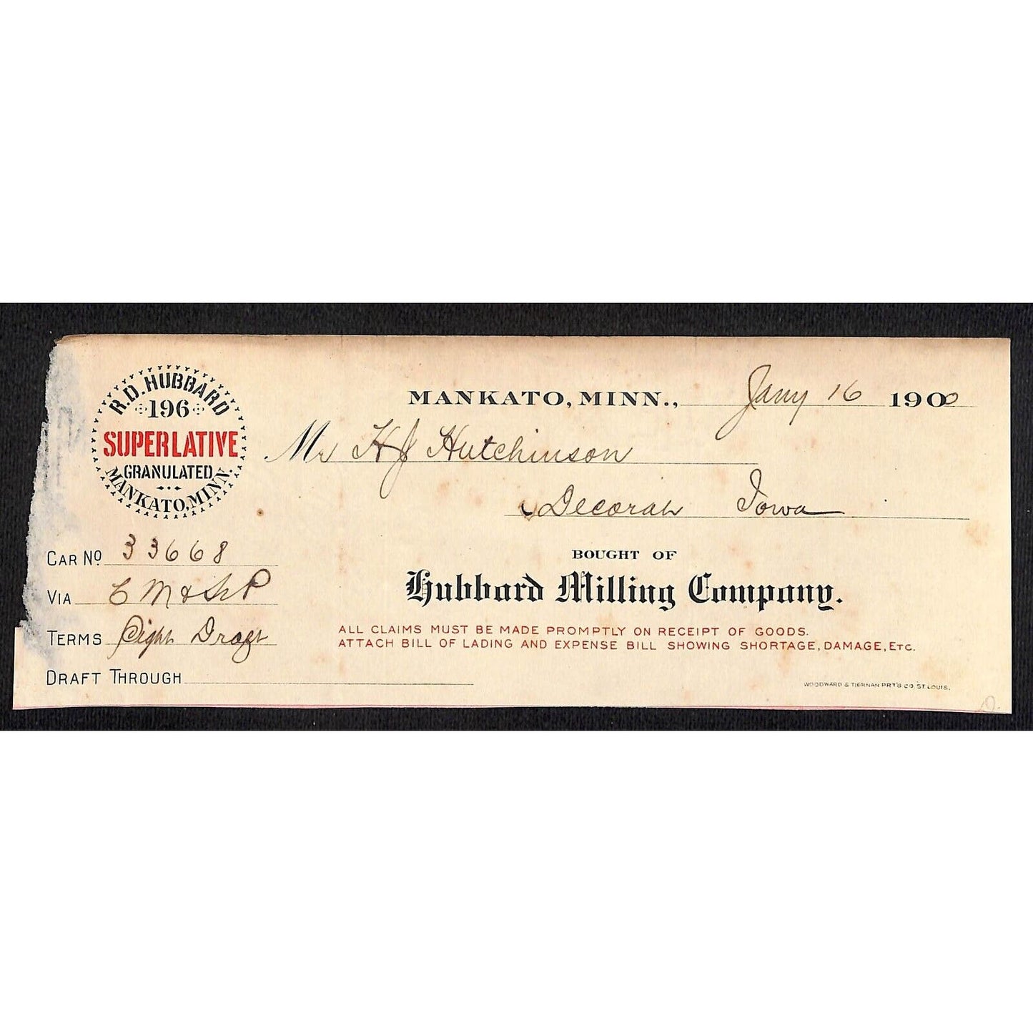 Hubbard Milling Co. Mankato, MINN. Hutchinson Decorah, IA* Cut 1900 Billhead