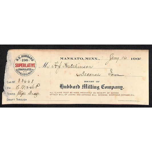 Hubbard Milling Co. Mankato, MINN. Hutchinson Decorah, IA* Cut 1900 Billhead
