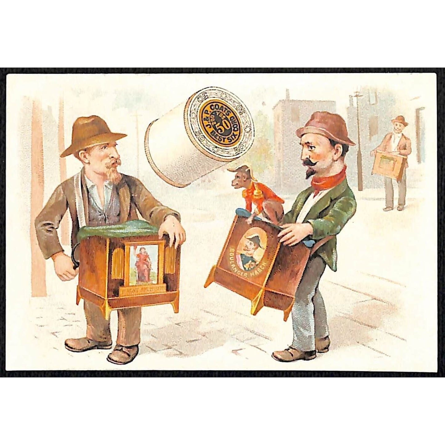 J & P Coats Thread Victorian Trade Card 1890 Calendar - Competing Organ Grinders
