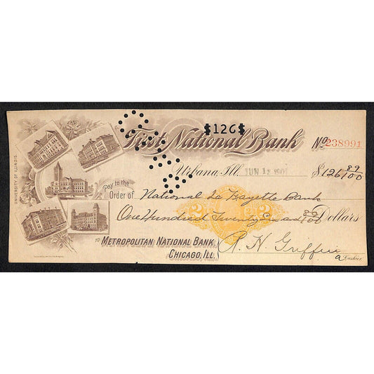 FNB Urbana, IL $126 1901 Bank Check Revenue Stamp w/ University Bldg. Vignettes