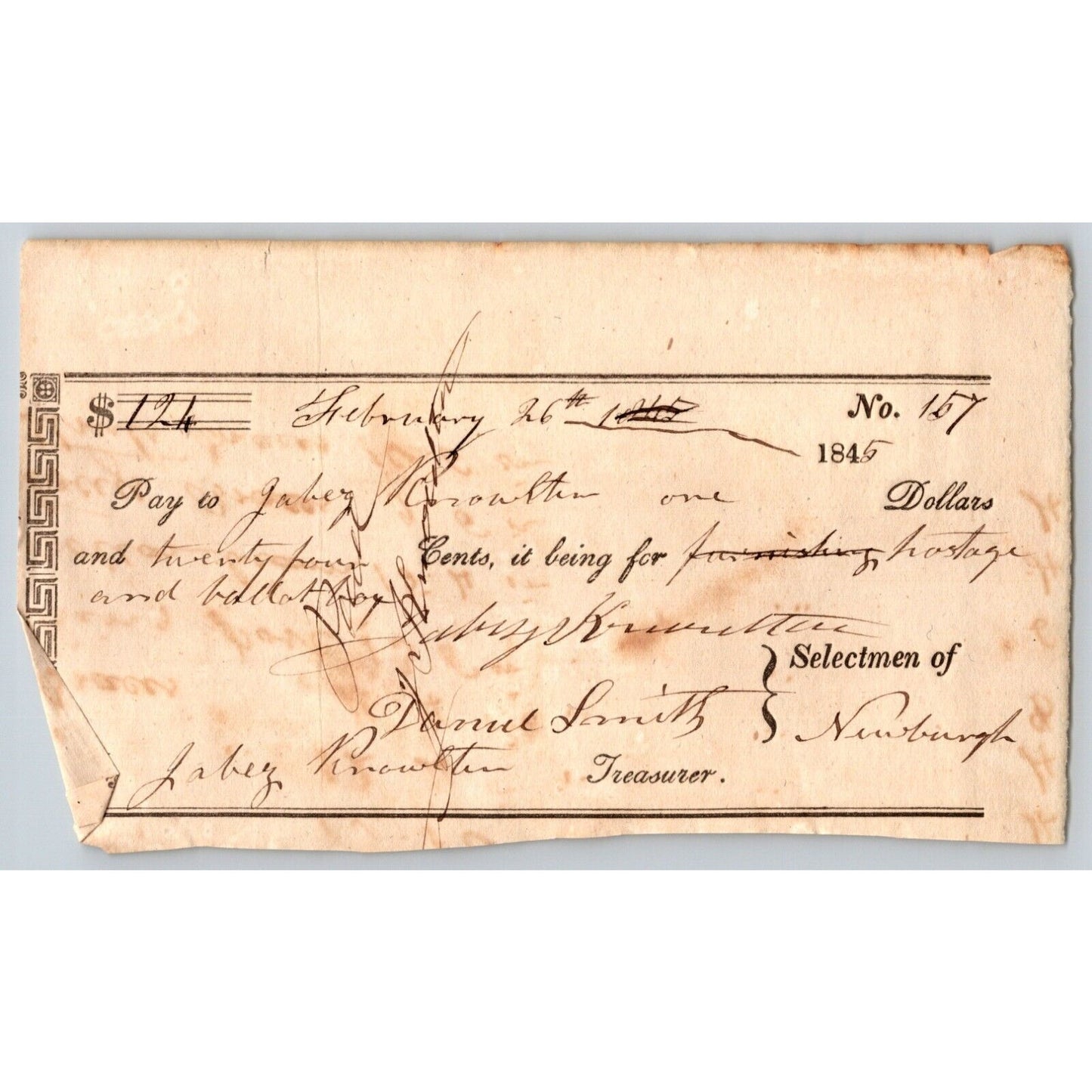 1845 Jabez Knowlton* Newburgh ME Town Check to Knowlton Postage and Ballot Boxes