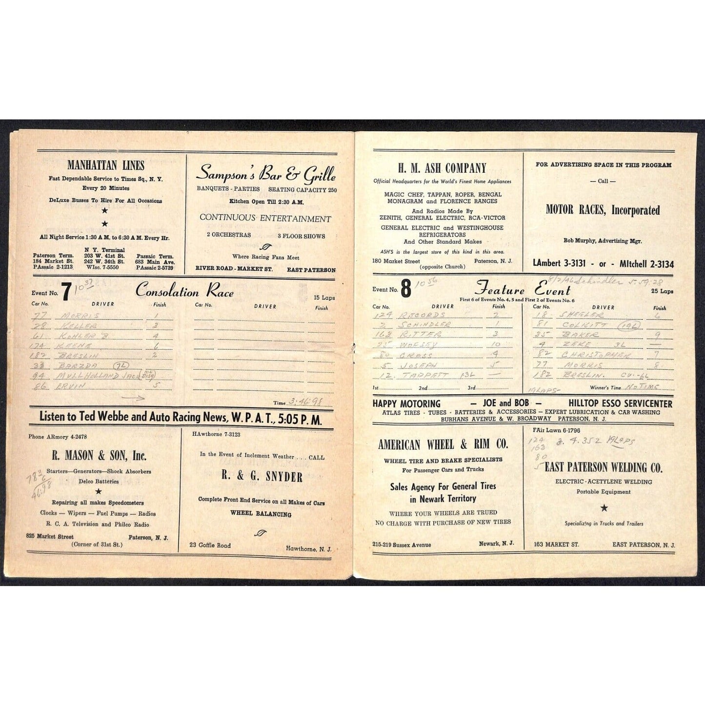 Hinchliffe Stadium Midget Auto Races 8/30/1946 Program Bill Baker 4pp Scarce
