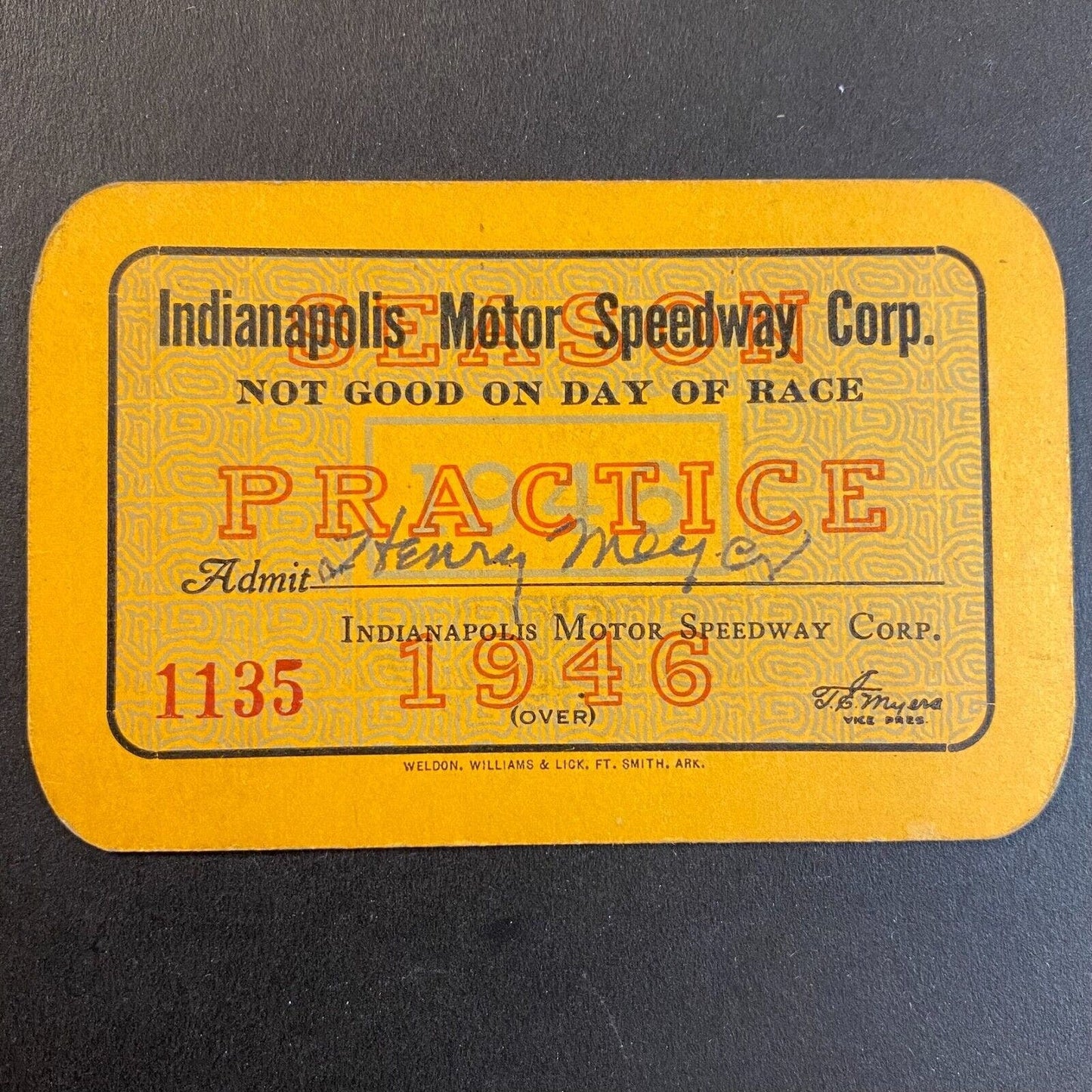1946 Indianapolis Motor Speedway Practice Pass / Credential on Firm Card Stock