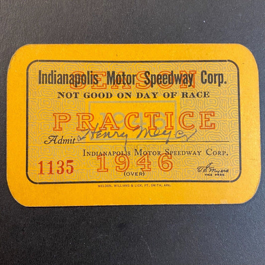1946 Indianapolis Motor Speedway Practice Pass / Credential on Firm Card Stock
