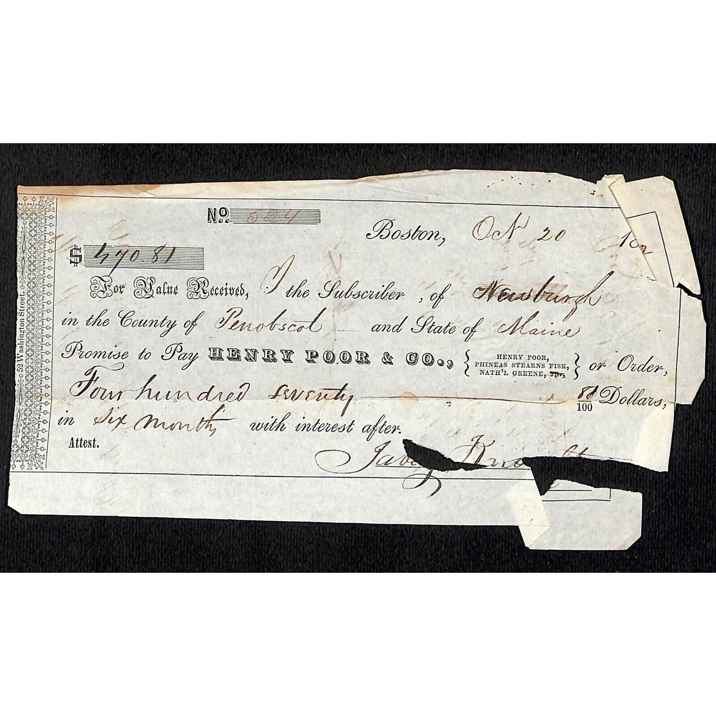 1842 Jabez Knowlton* Newburgh, ME General Store Henry Poor & Co. Promissory Note
