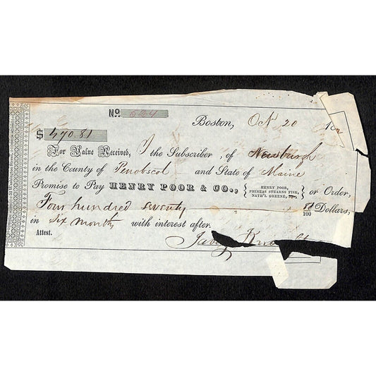 1842 Jabez Knowlton* Newburgh, ME General Store Henry Poor & Co. Promissory Note
