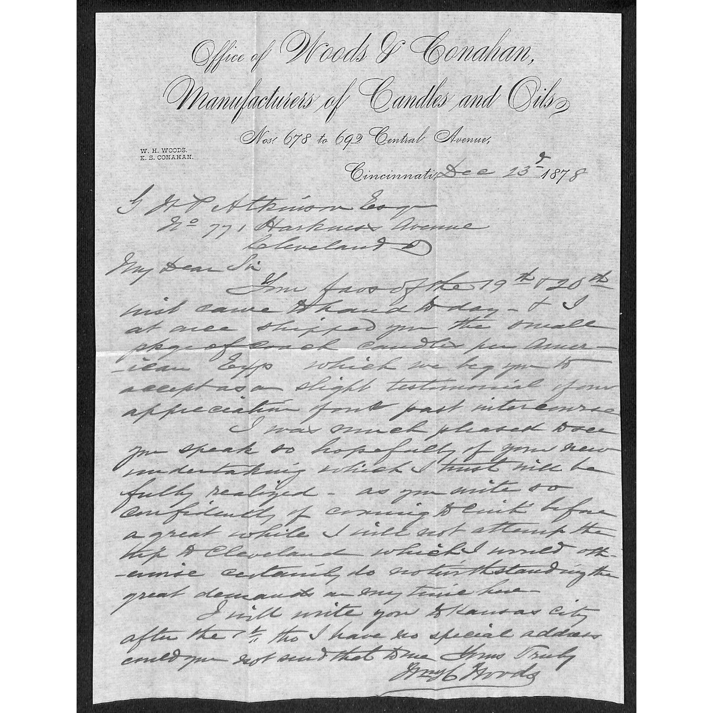 Woods & Conahan Candles Oils 1878 ALS Letterhead re: "New Undertaking"