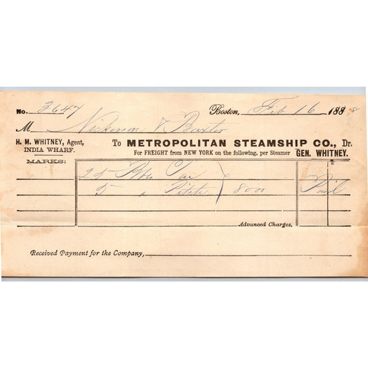Metropolitan Steamship Co. Boston 1888 Billhead to Nickerson & Baxter VGC