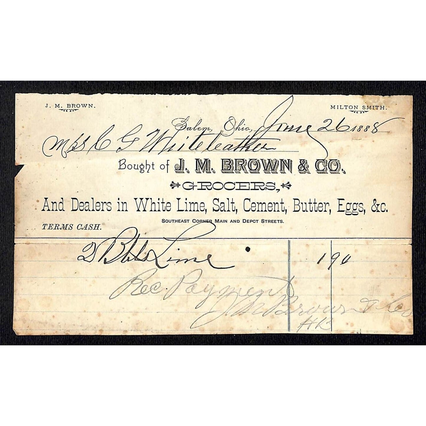 J.M Brown & Co. Grocers Salem, OH 1888 Receipt Whiteleather* N. Georgetown , OH