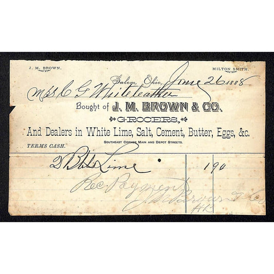 J.M Brown & Co. Grocers Salem, OH 1888 Receipt Whiteleather* N. Georgetown , OH