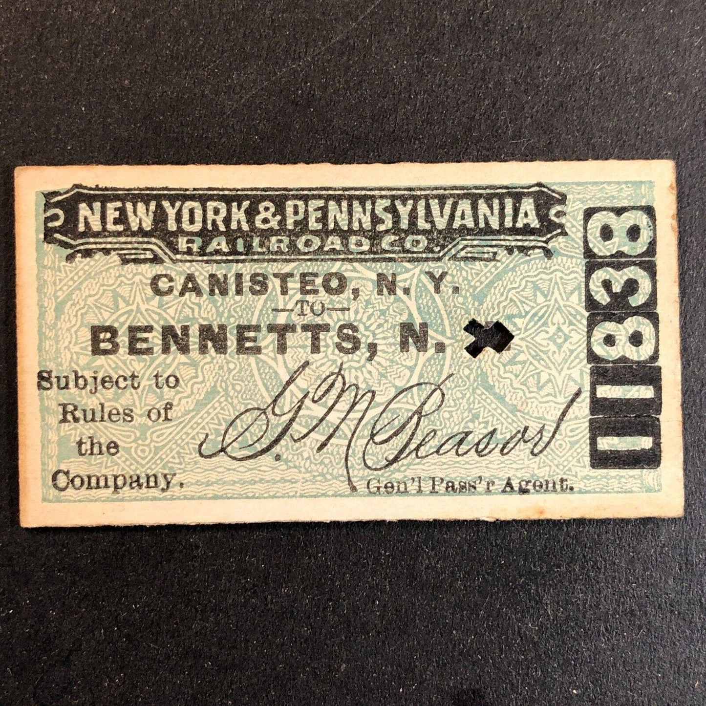 New York & Pennsylvania Railroad July 26 1917 Bennetts, NY Ticket #11838