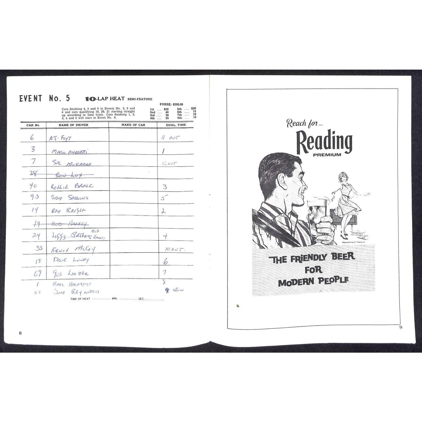 Reading Fairgrounds 1965 USAC Auto Race Program Sprint Car 6pp* A.J. Foyt Cover
