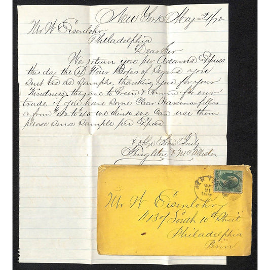1872 ALS M.W. Eisenlohr ? Philadelphia Returning Samples Sent via Adams Express