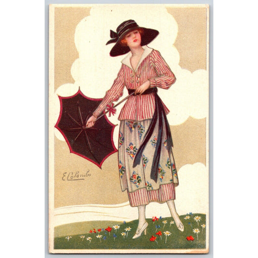 Art Nouveau Postcard Woman Fashion Hat Flowers Parasol Signed E Colombo