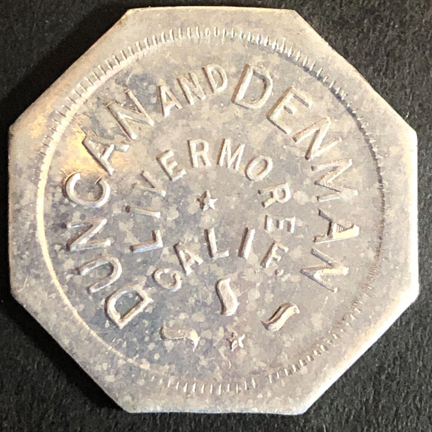 Duncan and Denman Livermore CA Cigars? Trade Token Alum G/F 12 1/2¢ 25mm