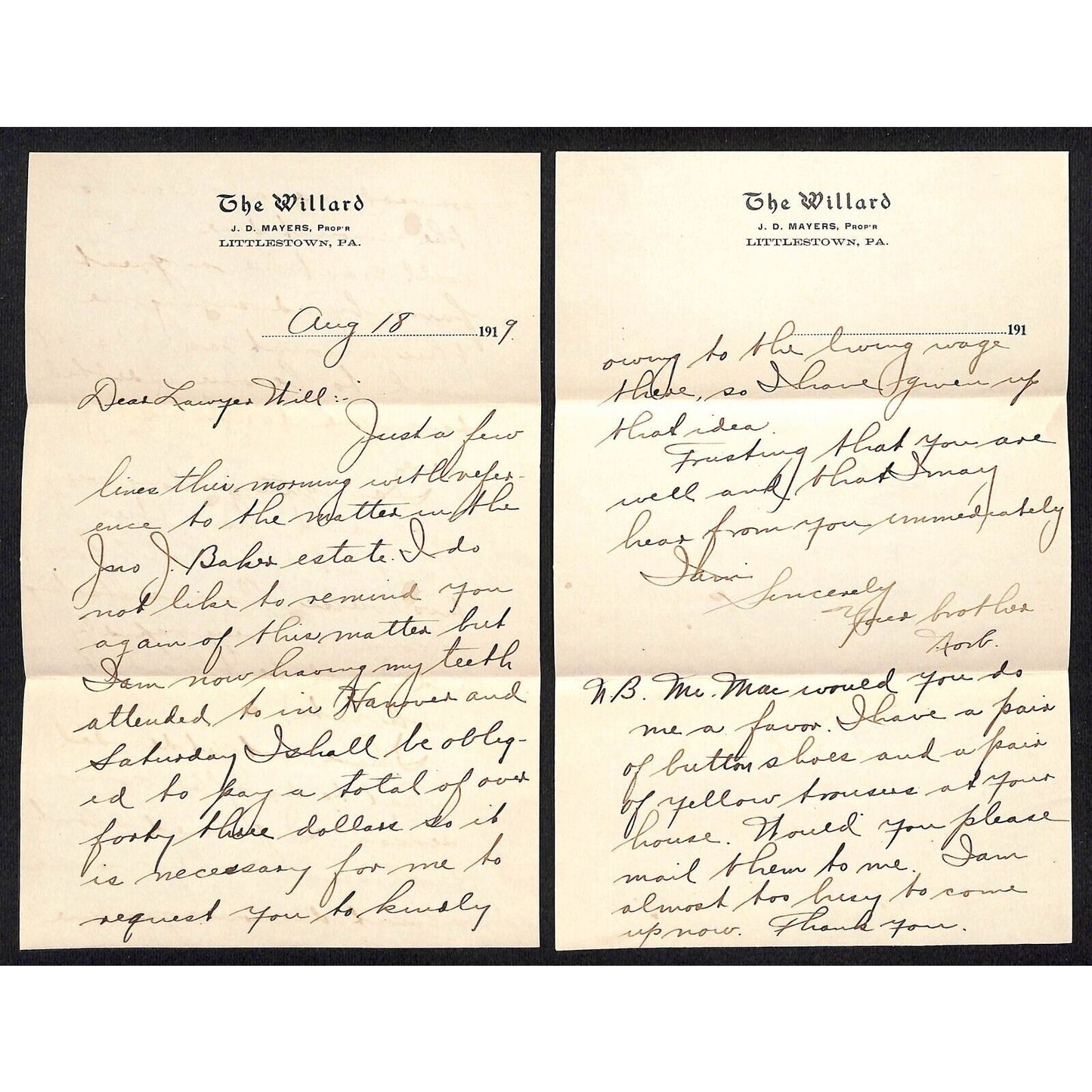 1919 The Willard Hotel Littletown, PA Vignette 2pp ALS + Cover re: Estate