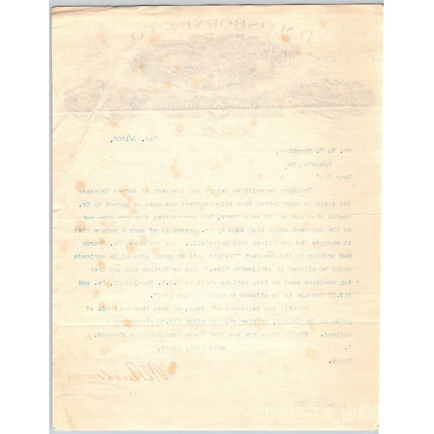 D.M. Osborne & Co. (IH*) Harvesting Machinery 1902 Letterhead re: Contract
