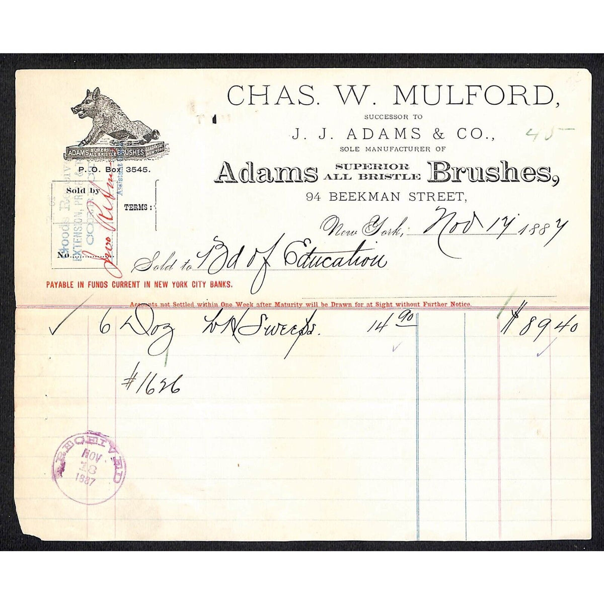 Chas. W. Mulford J.J. Adams & Co. Bristle Brushes Beekman St. NYC 1887 Billhead