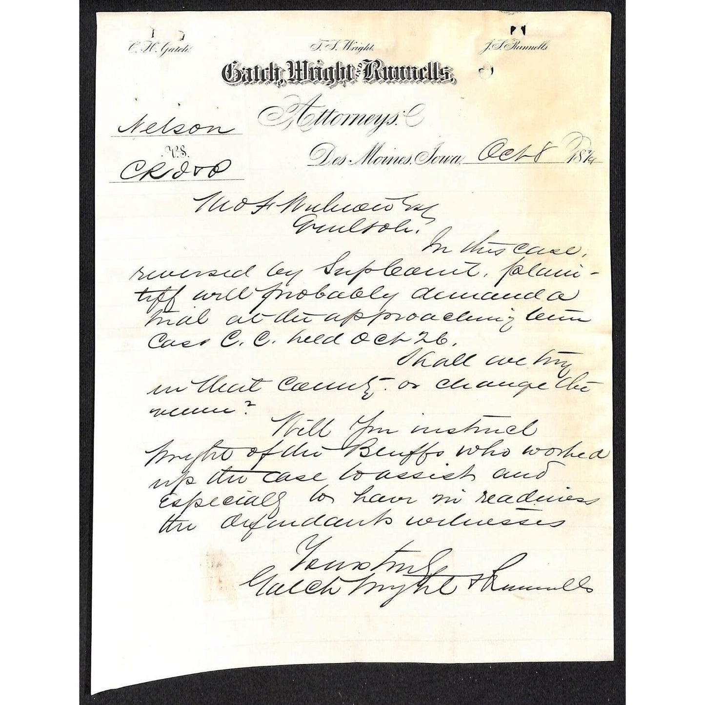 Gatch, Wright and Runnells Des Moines 1874 Letterhead to CRI&P re: Legal Case