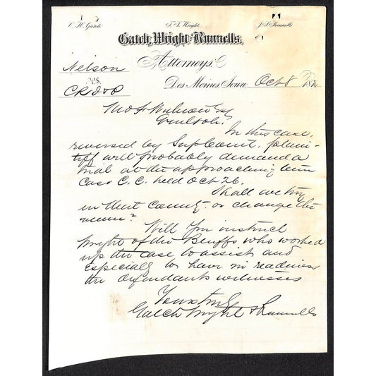 Gatch, Wright and Runnells Des Moines 1874 Letterhead to CRI&P re: Legal Case