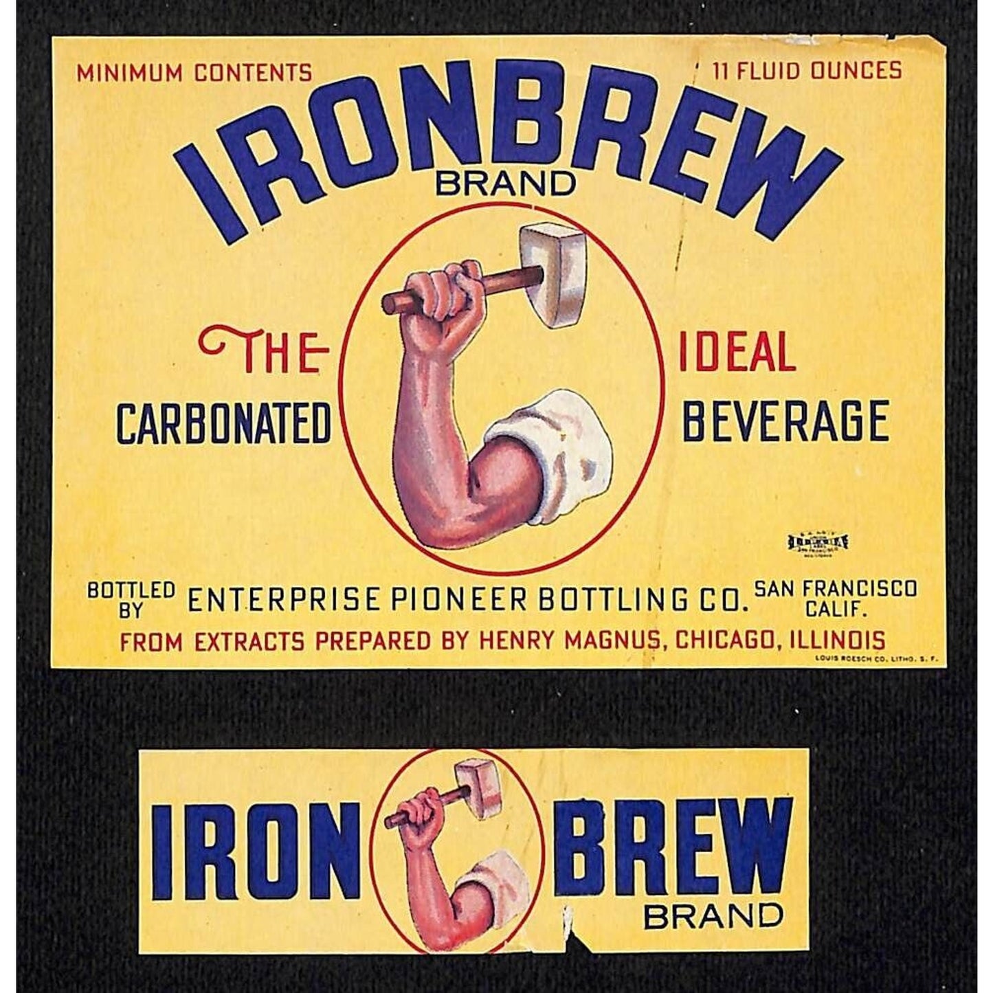 Ironbrew Beverage Enterprise Arm Hammer Soda Bottle Label Set c1929 Scarce