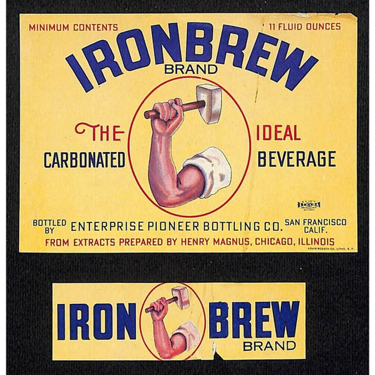 Ironbrew Beverage Enterprise Arm Hammer Soda Bottle Label Set c1929 Scarce