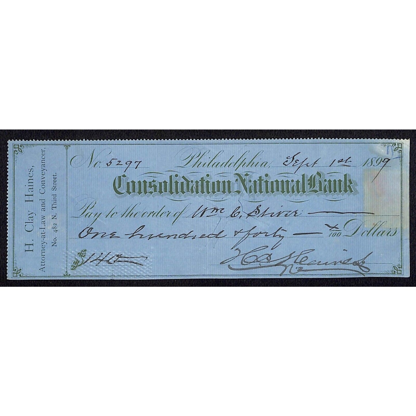 H. Clay Haines Attorney Consolidation National Bank Phila. 1899 Bank Check 5297