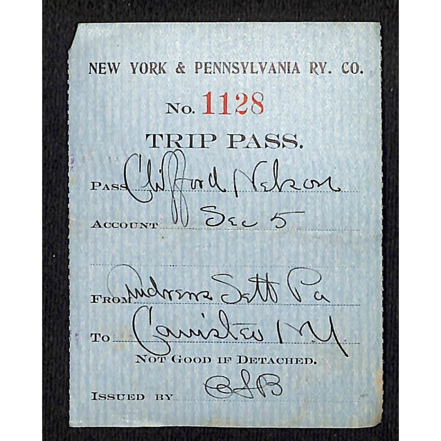 New York & Pennsylvania Ry c1917 Trip Pass Ticket Stub w/Hand Writing #1128