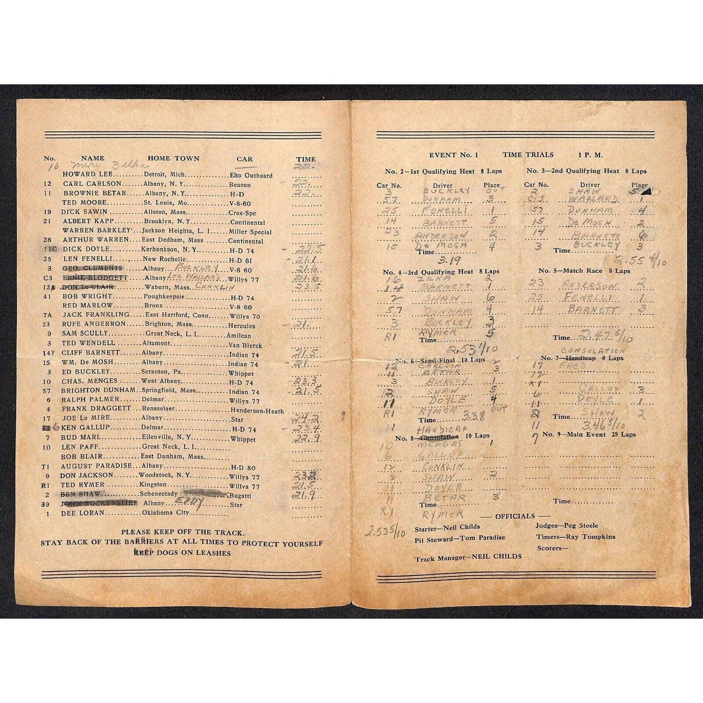 Capital City Speedway Albany, NY 1938 Midget Auto Race Program Sheet Very Scarce