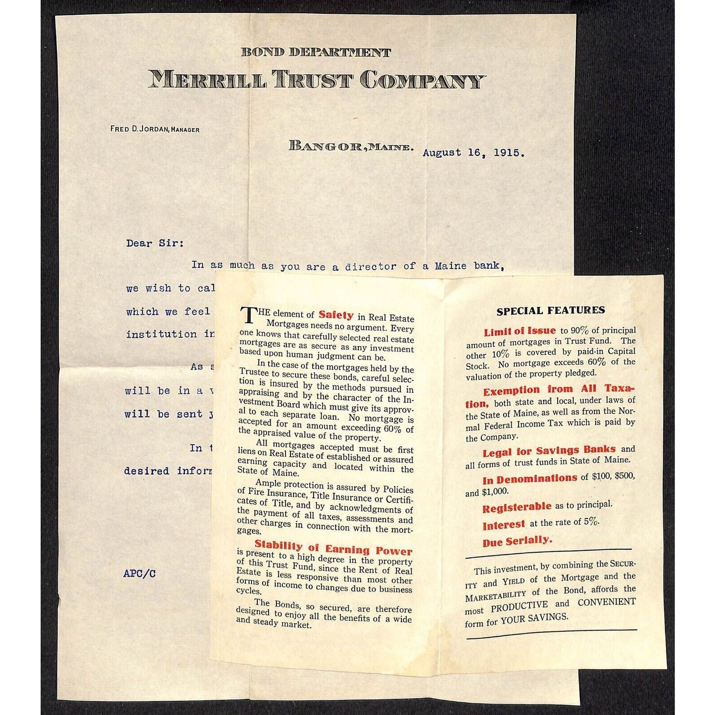 Bangor, ME Merrill Trust 1915 Bond Department Letterhead, Circ & Cover Knowlton*