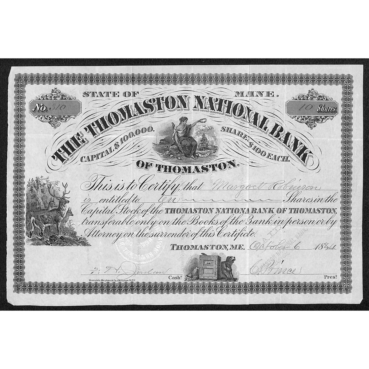 Thomaston National Bank Maine 1884 Stock Certificate Margaret Robinson Vignettes