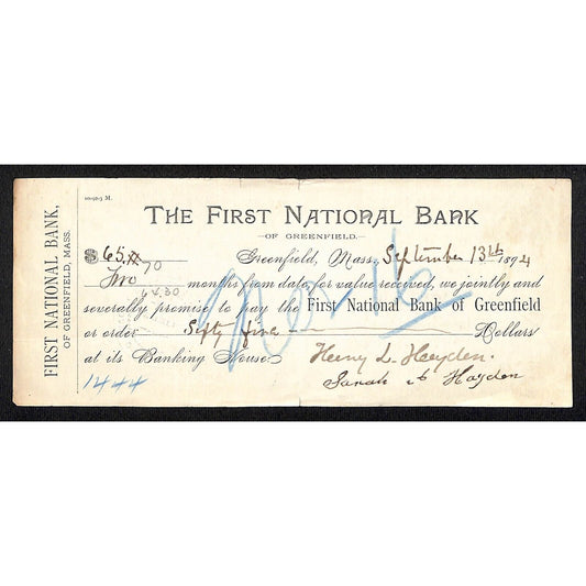 1894 First National Bank of Greenfield MASS $65.70 Promissory Note