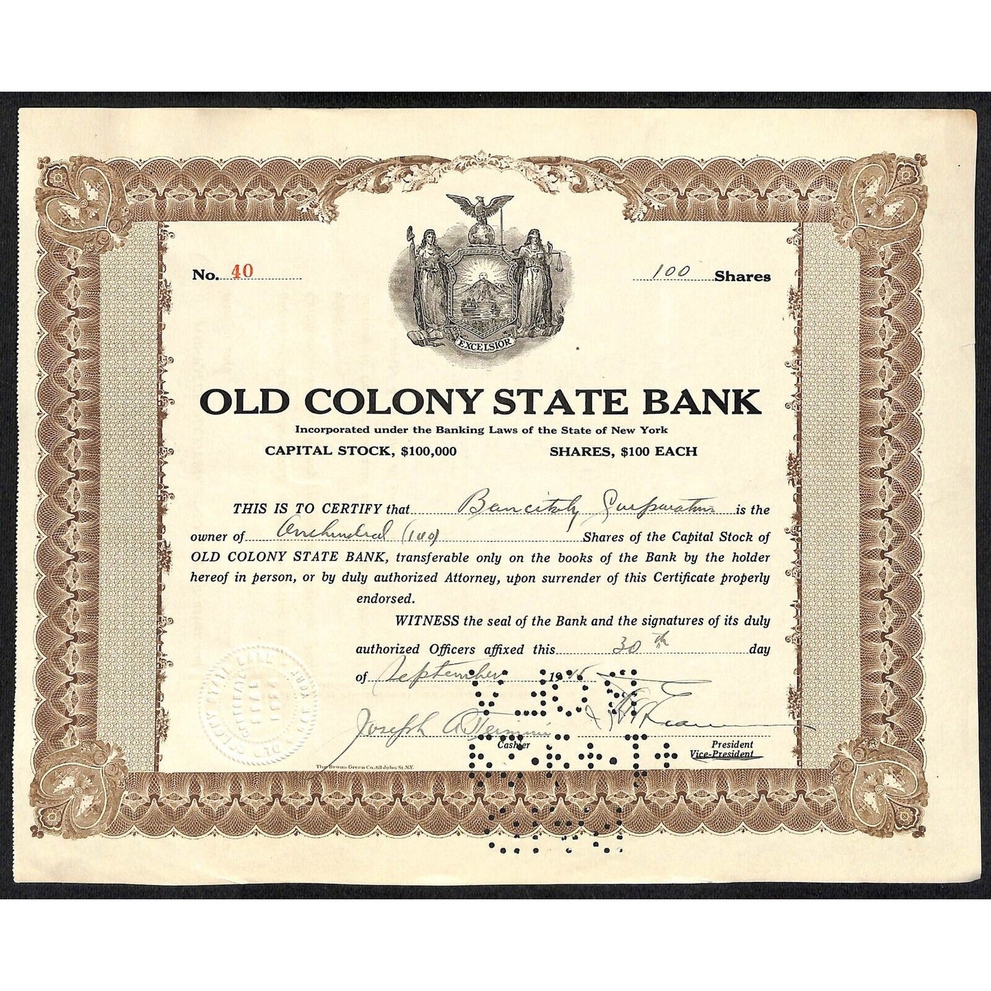 Old Colony State Bank NY 1925 Stock Certificate to ??? #40 Scarce