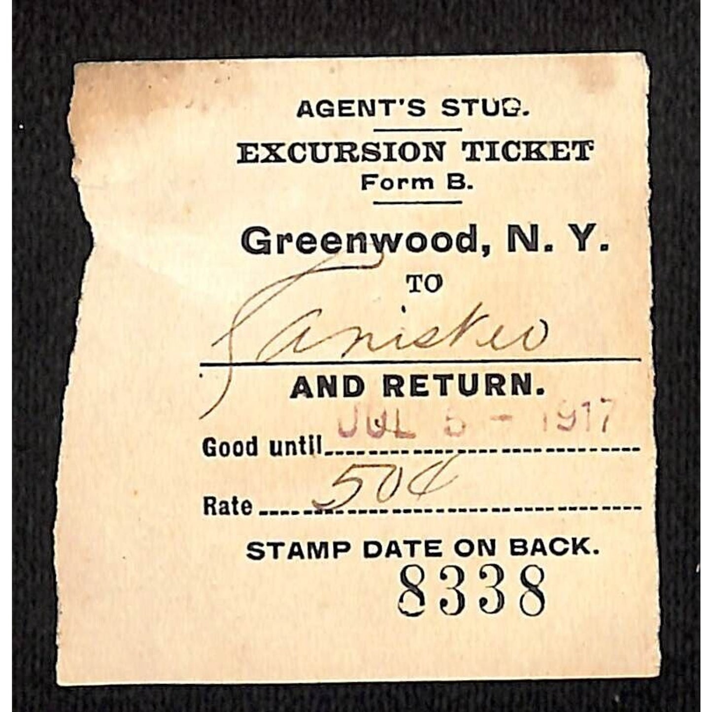 New York & Pennsylvania Ry 1917 Greenwood, NY Excursion Ticket Stub #8338