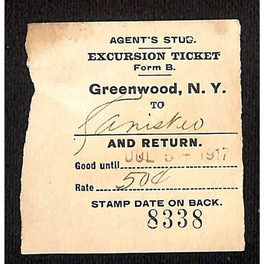 New York & Pennsylvania Ry 1917 Greenwood, NY Excursion Ticket Stub #8338