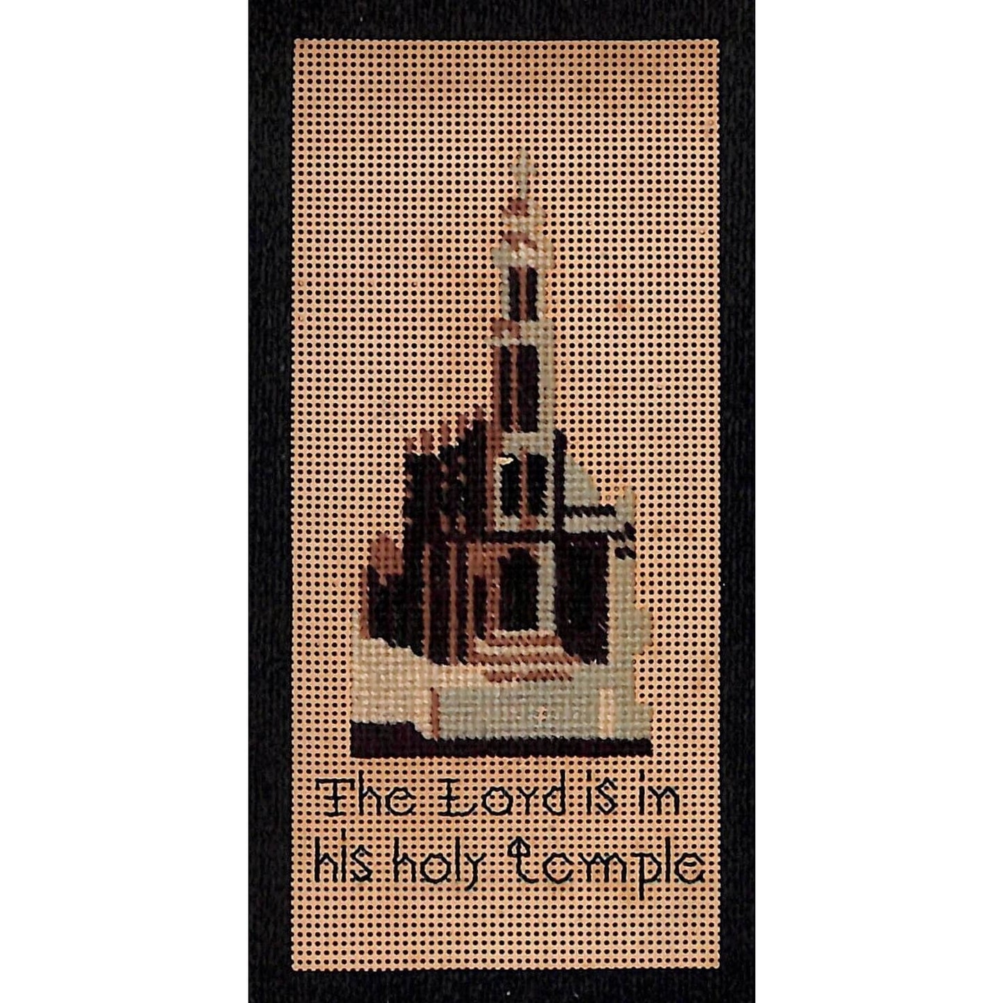 Small "The Lord is in his Holy Temple" c1920's?* Needlepoint 2" x 4 1/4"