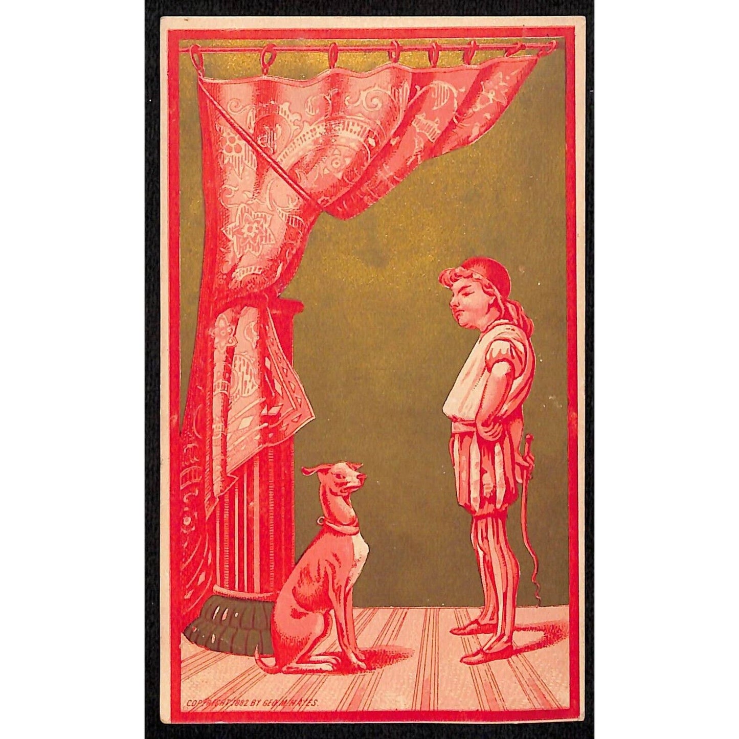 Blank Victorian Trade Card w/ Gilt / Gold Ink- Owner Threatens Upset Dog ?