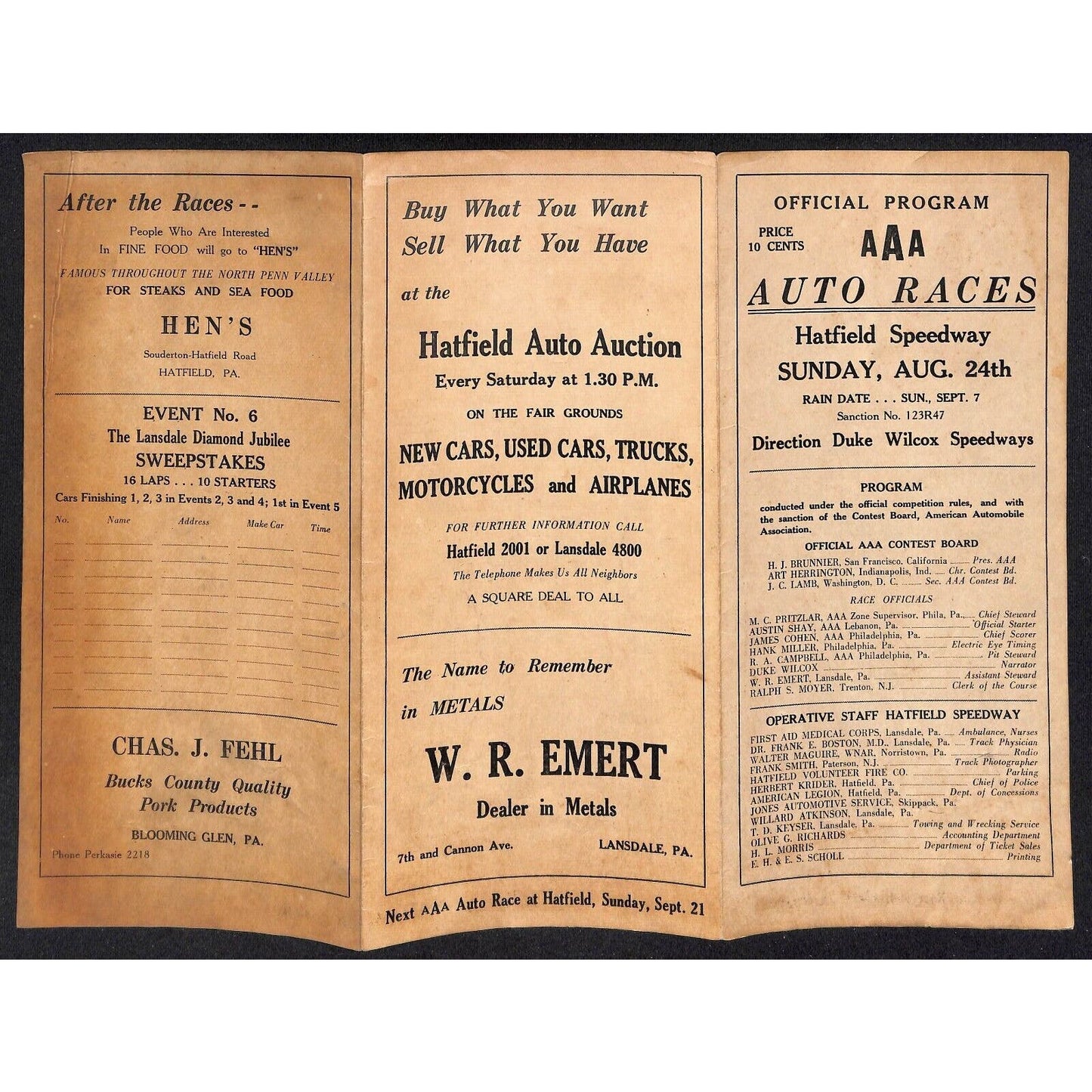 Hatfield Speedway / Duke Wilcox c1945-47* AAA Racing Program Tri-Fold Scarce