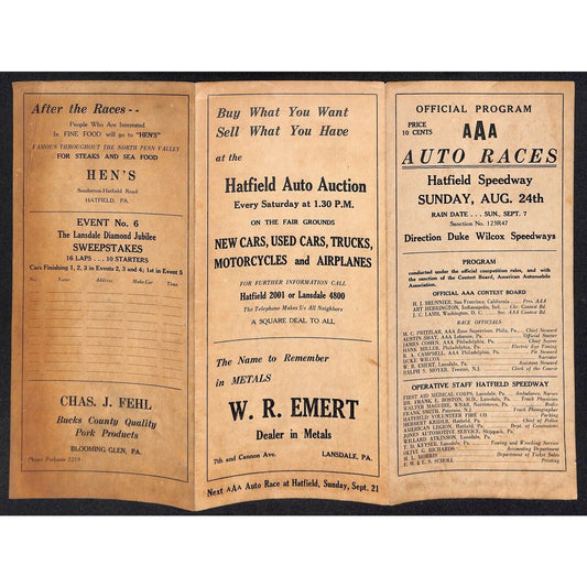 Hatfield Speedway / Duke Wilcox c1945-47* AAA Racing Program Tri-Fold Scarce