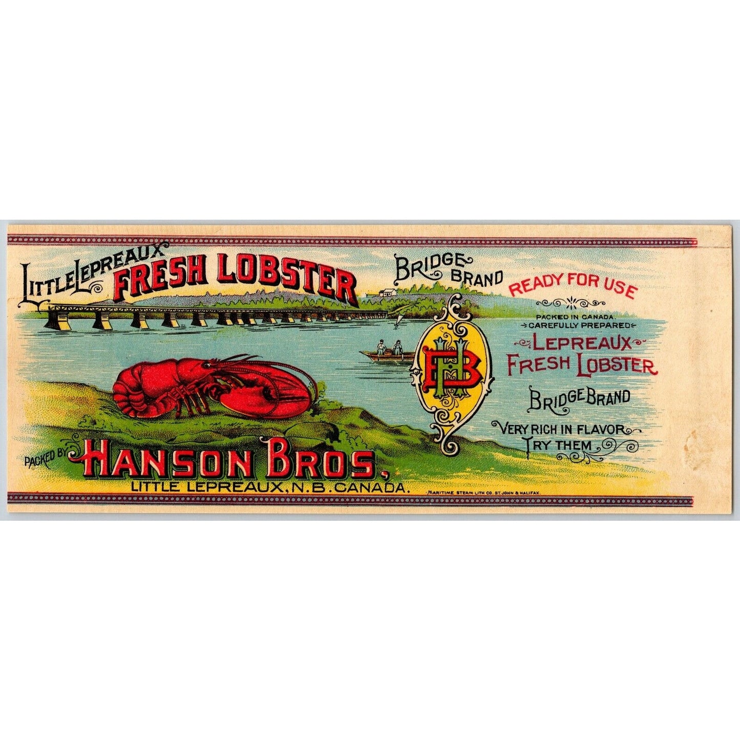 Hanson Bros. Bridge Brand Fresh Lobster Canadian Paper Can Label c1903 Scarce