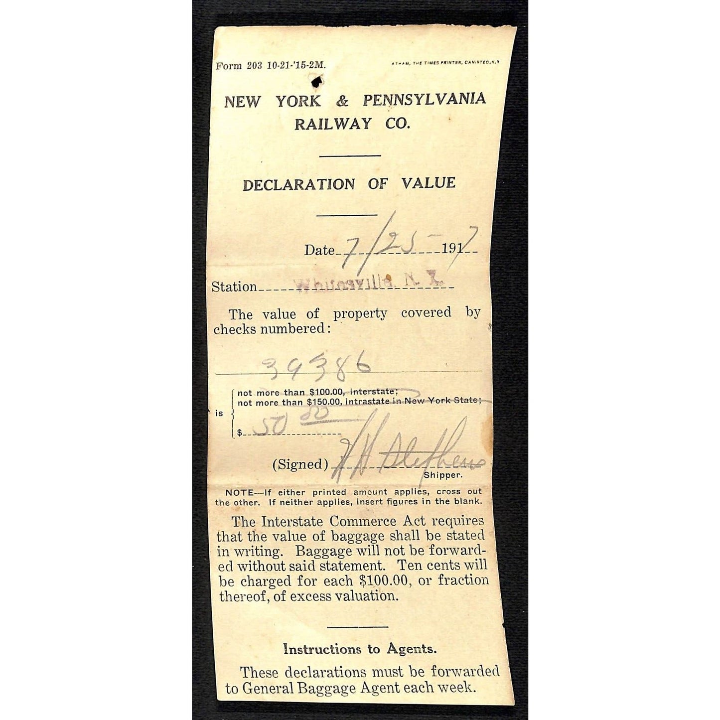 1917 New York & Pennsylvania Railroad NYP July 25 1917 Declaration of Value Form
