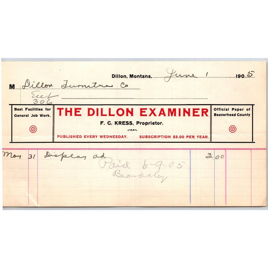 Dillon, MT The Dillon Examiner F.C. Kress Newspaper 1905 Billhead