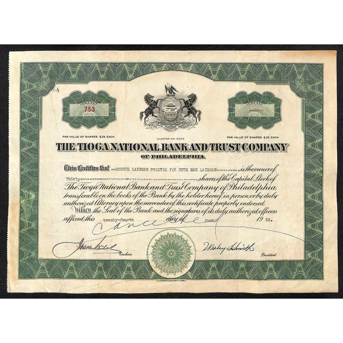 Tioga National Bank Trust Philadelphia 1933 Stock Certificate Boruch Laibman