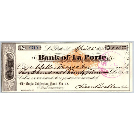 Bank of La Porte Check Wells Fargo 1882 Mining Vignette RN-G1 Rev Stamp #9719